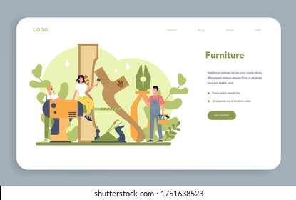 Wooden furniture maker or designer web banner or landing page. Wood furniture repair and assembly. Home furniture construction. Isolated flat illustration