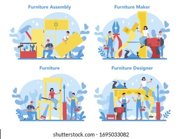 Wooden furniture maker or designer. Wood furniture repair and assembly. Home furniture construction. Isolated flat illustration