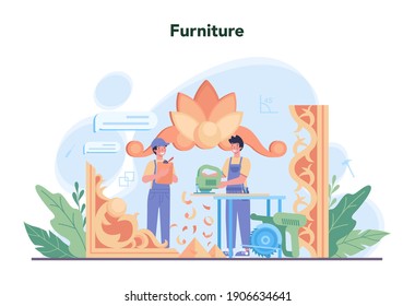 Wooden furniture maker or designer. Wood furniture repair and assembly. Home furniture construction. Isolated flat illustration