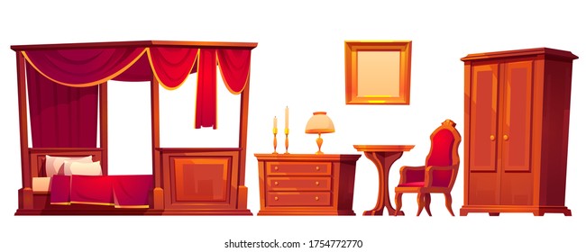 Wooden furniture for old luxury bedroom isolated on white background. Vector cartoon set of vintage canopy bed, nightstand, wardrobe, chair and mirror in golden frame