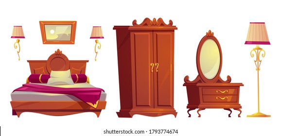 Wooden furniture for old luxury bedroom isolated on white background. Vector cartoon set of vintage bed with pink cover, wardrobe, golden lamps and dressing table with mirror