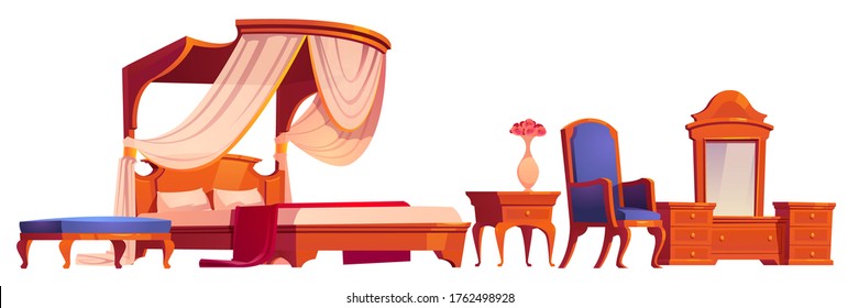 Wooden furniture for old victorian bedroom isolated on white background. Vector cartoon set of vintage canopy bed, nightstand, bench seat, chair and mirror on dressing table