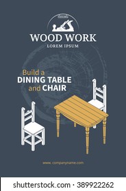 Wooden furniture poster. Isometric table and chairs. Wood work.