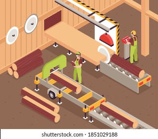 Wooden furniture production process with logs on conveyor and factory workers 3d isometric vector illustration