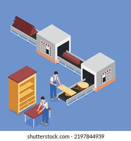 Wooden Furniture Production Process On The Automated Machinery Line Isometric 3d Flat Vector Illustration Concept For Banner, Website, Landing Page, Ads, Flyer Template, Etc