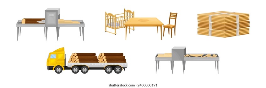 Wooden Furniture Production with Raw Timber Material Process Vector Set