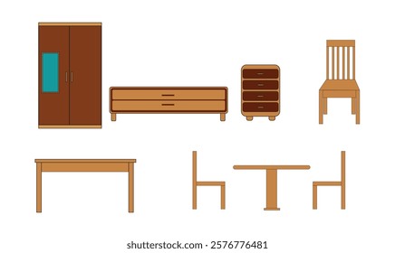 Wooden furniture set design vector illustration for use.