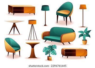 Mobiliario de madera. Ilustración de un conjunto de muebles de madera, con sillas, mesas, armarios y una biblioteca, todo de diseño plano y minimalista.