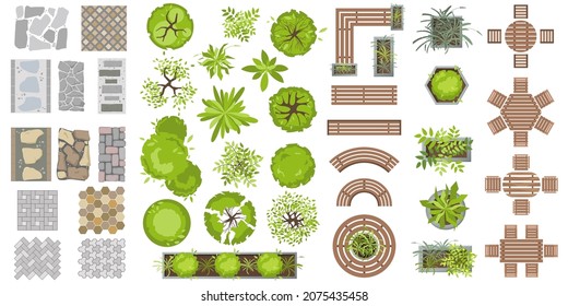Wooden furniture and tile path top view. Set of benches, plants in pots and tile for landscape design. Collection of architectural elements for projects. Table, chair, bench, pot, tree. Vector flat