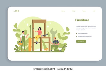 Wooden furniture web banner or landing page. Furniture store word concept banner. Interior design. Home furniture construction. Isolated flat illustration