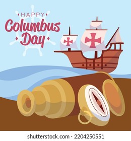 Wooden galleon and a compass on land Columbus day concept poster Vector