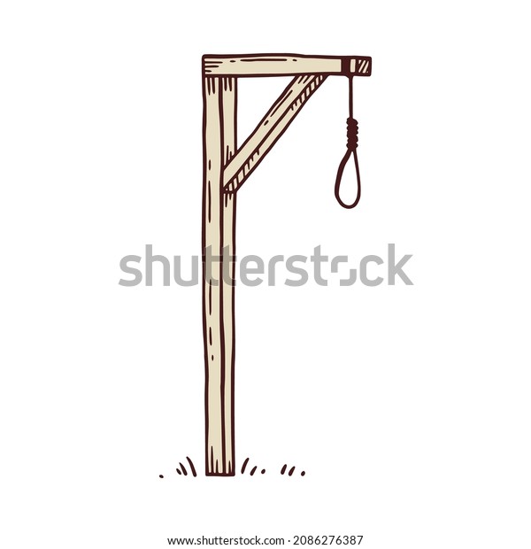 Wooden gallows with handing rope\
noose isolated on white background. Cartoon drawing symbol of\
criminal punishment or death penalty, vector\
illustration.