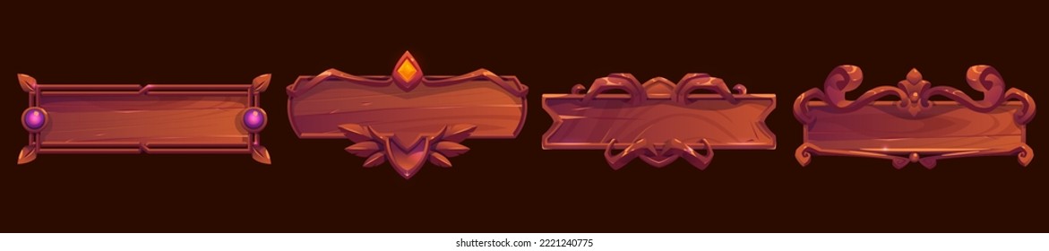 Wooden game banners, medieval ui menu elements, buttons with ornate rims and gems. Empty wood gui bars or planks for rpg, decorated borders web design interface, Cartoon 3d vector illustration, set