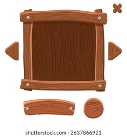 Wooden game buttons and banners. Game interface buttons in cartoon style.