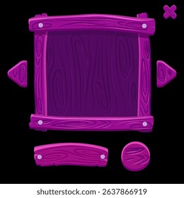 Wooden game buttons and banners. Purple Game interface buttons in cartoon style.