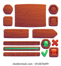 Wooden Game Buttons, Cartoon Game Interface Of Wood Texture, Menu Boards, Ui Or Gui Design Elements. Slider, Red And Green Keys, User Panel Isolated On White Background, Vector Illustration, Icons Set