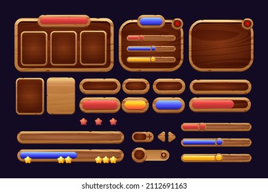 Wooden game buttons  cartoon menu interface made of wood textured boards