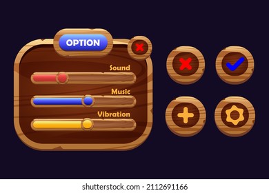 Wooden game buttons  cartoon menu interface made of wood textured boards