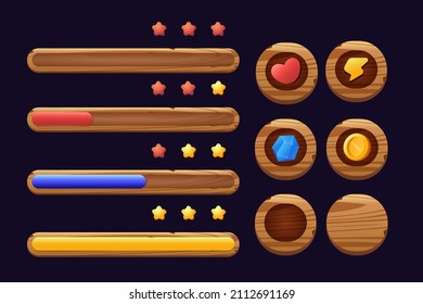 Wooden game buttons  cartoon menu interface made of wood textured boards