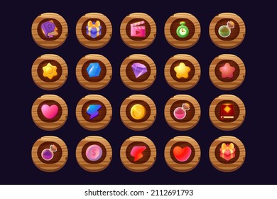 Wooden game buttons  cartoon menu interface made of wood textured boards