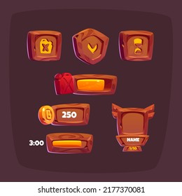 Wooden game buttons, cartoon menu interface, avatar frame, score, level and processing bar wood textured boards, ui or gui graphic design elements, fuel, time, shield isolated 2d vector icons set