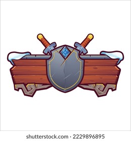 Wooden game frame, with stone inserts at the bottom. Medieval shield with swords