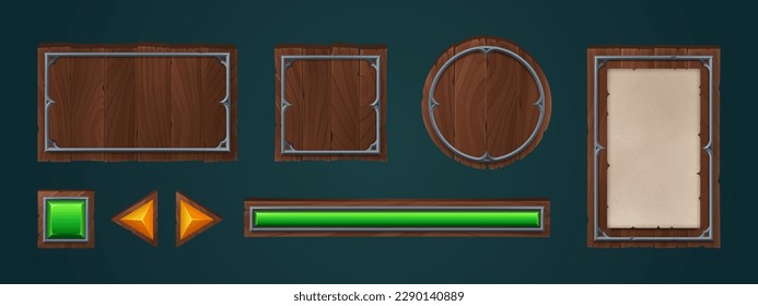 Wooden game interface board vector set. Cartoon button icon with metal frame texture isolated on dark background. Wood texture medieval plate banner kit for menu bar template. Green slider clipart