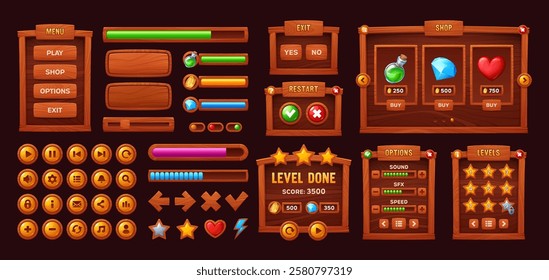 Wooden game interface buttons and bars or menu panels, vector cartoon UI elements and GUI assets. Arcade game menu buttons and interface controls with wooden loading bars and gamer panel settings