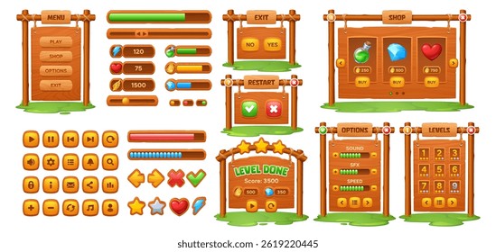 Interface de jogo de madeira. Cartoon vetor de madeira ui kit com botões, controles deslizantes, barras de progresso e telas de conclusão de nível. Jogue, compre, opte e marque elementos para jogos casuais ou móveis
