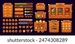 Wooden game interface, gui buttons and panels, loading bars asset. Vector set of UX menu components. Play, shop, options and exit, levels, progress bar, stars, heart, coins and arrows in cartoon style