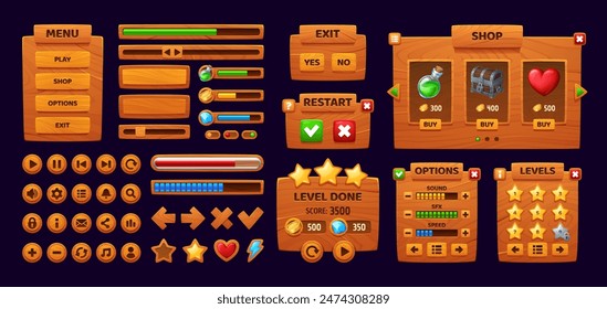 Wooden game interface, gui buttons and panels, loading bars asset. Vector set of UX menu components. Play, shop, options and exit, levels, progress bar, stars, heart, coins and arrows in cartoon style