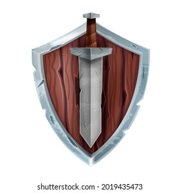 Wooden game shield badge, vector medieval knight battle armor, iron sword isolated on white. UI fight fantasy RPG clipart, Viking military attack inventory award sign, epic fight icon. Old game shield