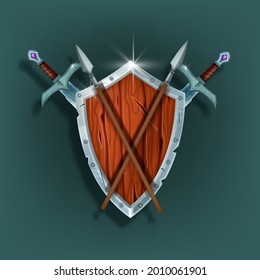 Wooden game shield vector illustration, medieval knight armor, iron sword, spear, warrior inventory. UI fantasy RPG object, Viking fight element, winner award badge. Game shield, heraldic old sign