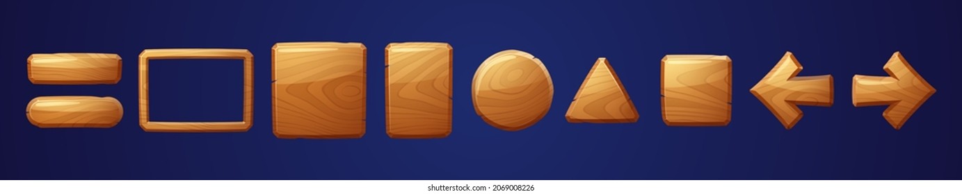 Wooden game tablets, buttons, cartoon menu interface wood keys. Textured boards, frames, ui or gui graphic design elements, arrows, planks and plaques user panel for rpg, isolated icons, 2d vector set