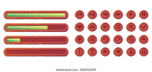 Juego de madera ui botón deslizador de botón barra de carga elemento de diseño aislado de interfaz. Ilustración del elemento de diseño gráfico del vector