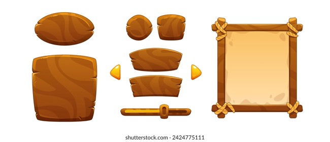 Wooden game ui design elements - buttons and boards for menu interface. Cartoon vector illustration set of wood and parchment frame, title border and text box. Adventure mobile gui assets kit.