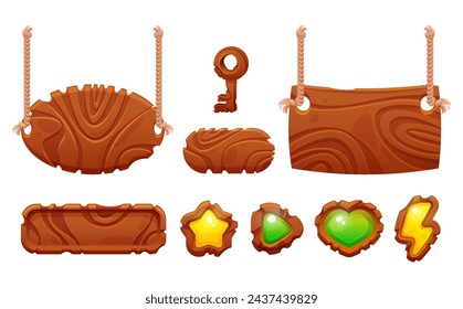 Wooden game ui design elements - oval and rectangular frames and borders hanging on rope, long buttons, wood key and achievement icons. Cartoon vector set of brown textured plates for menu interface.