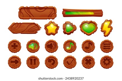 Wooden game ui design elements for videogame menu. Cartoon vector illustration set of wood texture plates with empty space for text, buttons, progress bar and achievement icon. Brown interface frame.