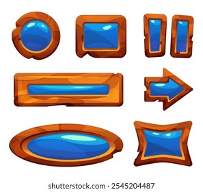 Juego de madera ui Elementos con incrustaciones de cristal azul brillante. Conjunto de Vectores de dibujos animados de Botones de navegación, barras de progreso, flechas direccionales y marcos decorativos para interfaces rpg de fantasía o medievales.