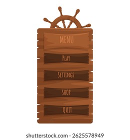 Wooden game ui menu with a steering wheel is showing play, settings, shop, and quit buttons