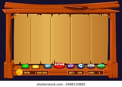 Die Benutzeroberfläche des Holzspiels ist im Cartoon-Stil mit grundlegenden Buttonen für Ihre Designs. Casino Spielautomat Spiel UI Design. Glücksspiel-Handy-App-Konzept für das Casino oder 2D-Spiel.