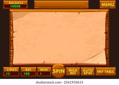 The wooden game user interface is cartoon-style with basic buttons for your Game development. Casino slot machine game UI design. Gambling mobile app concept for the Casino or 2D Game