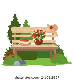 Wooden garden bench with a bouquet of flowers surrounded by trees. Rustic scene with a bench, shrubbery, poppies and a basket of strawberries. A bench in the blooming garden in the backyard. Vector.