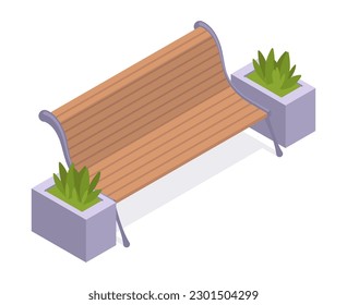 Wooden garden bench. Isometric backyard or city park bench with planting of greenery. Modern garden furniture 3d vector illustration