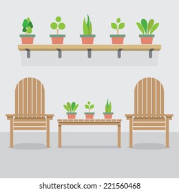 Wooden Garden Chairs And Pot Plants Vector Illustration