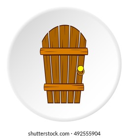 Wooden garden door icon in cartoon style on white circle background. Entrance and exit symbol vector illustration