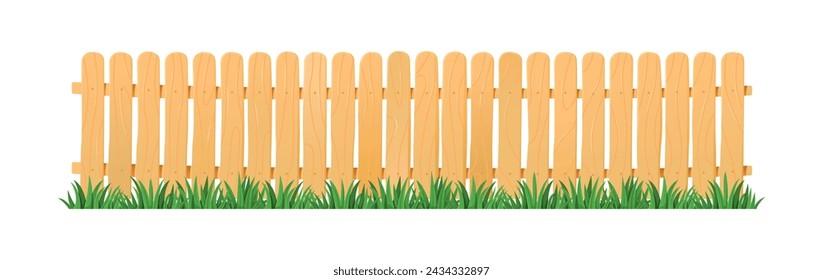 Wooden garden fence with lush green grass. Vector Illustration of barrier with fresh lawn.