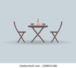 Wooden garden furniture or a set of furniture for the balcony: a  folding table and chairs on a blue background. On table dusty pink vase with flowers and a Cup of coffee or tea.Vector illustration