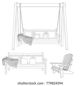 Wooden garden swing, bench and chair with mattress and pillows. Vector illustration set isolated on white background