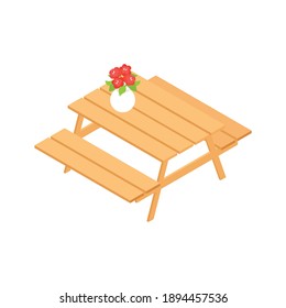 Wooden garden table with benches on white background 3d isometric vector illustration